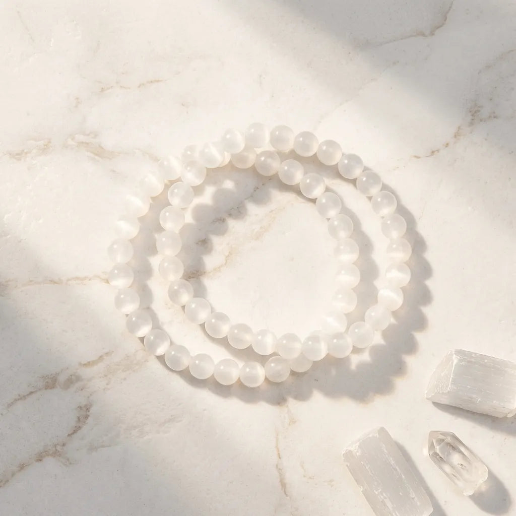 Selenite Crown Chakra stretch bracelets on marble, cleansing and clarity jewelry sourced by Mystic Soul Jewelry