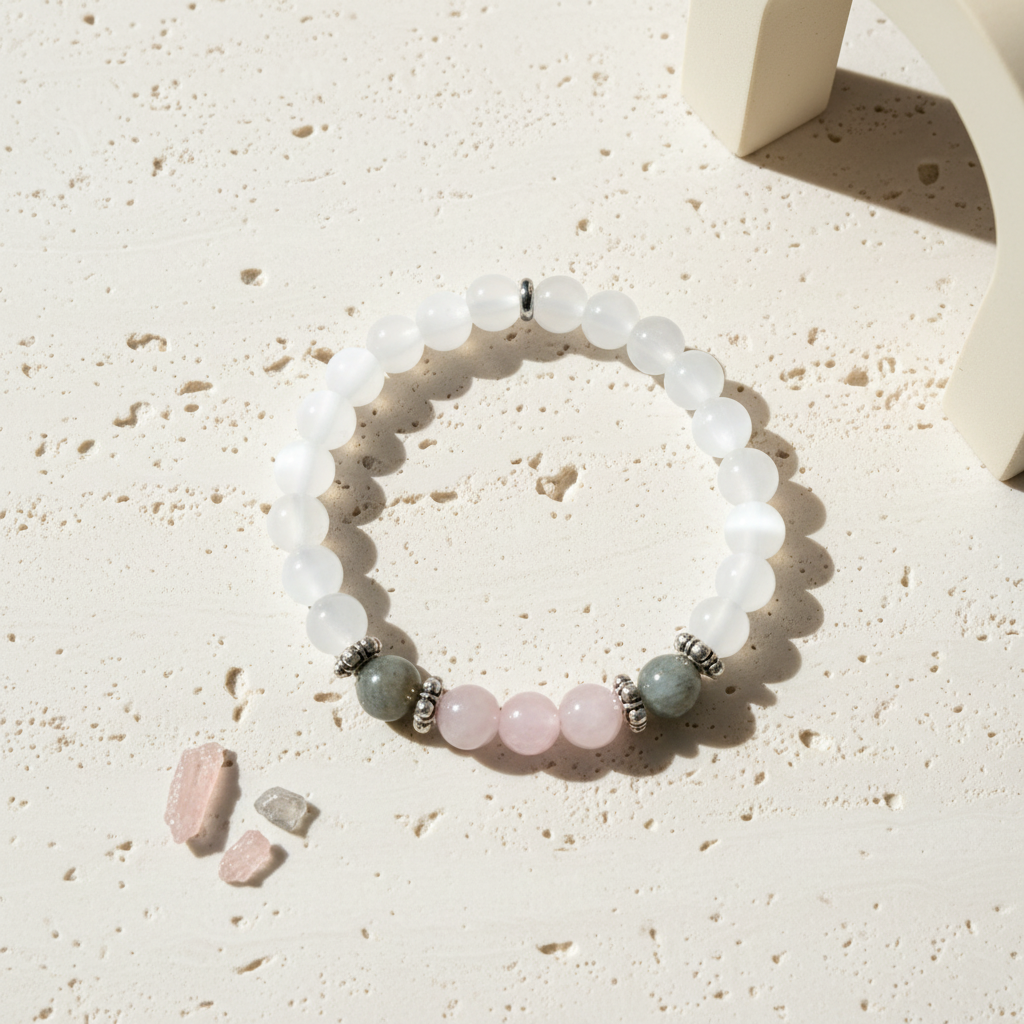 Full view of the 7 inch selenite stretch bracelet with labradorite, rose quartz and stainless steel spacers