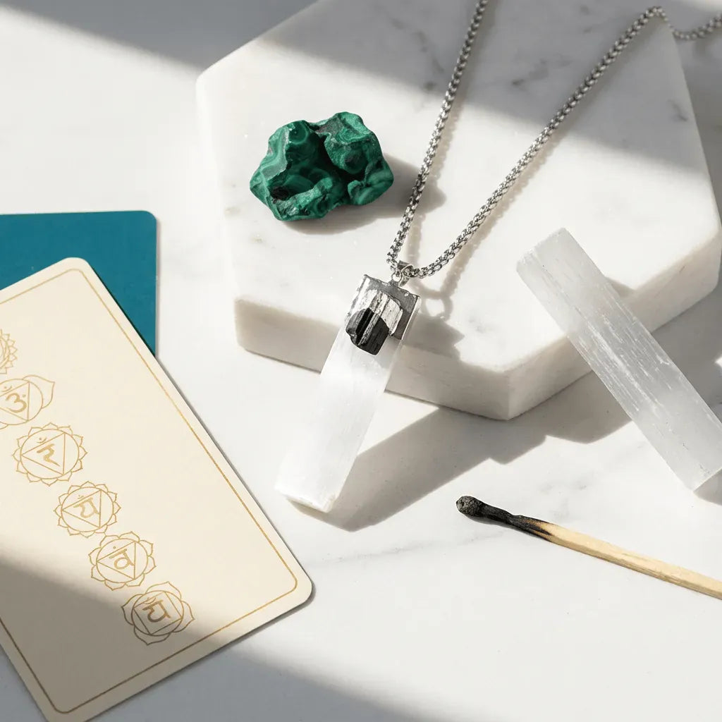 Selenite Crown Chakra crystal necklace styled with stones for cleansing and clarity