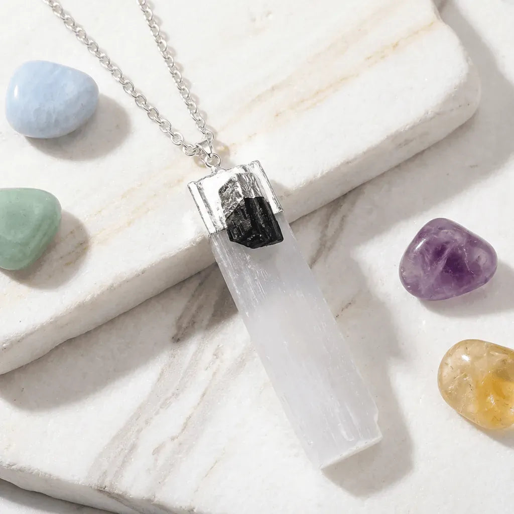 Selenite and Black Tourmaline Crown Chakra necklace for clear, grounded protection