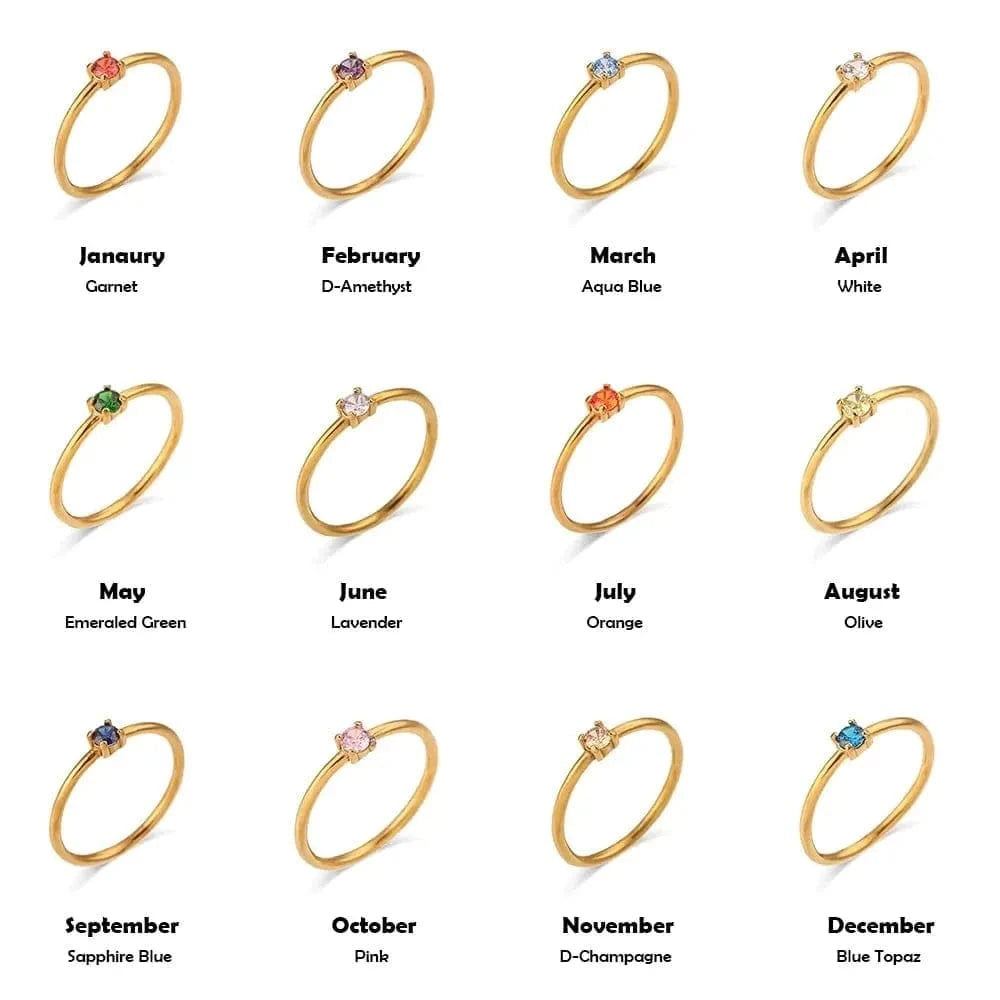 Gold rings with gemstones for each month of the year on a white background