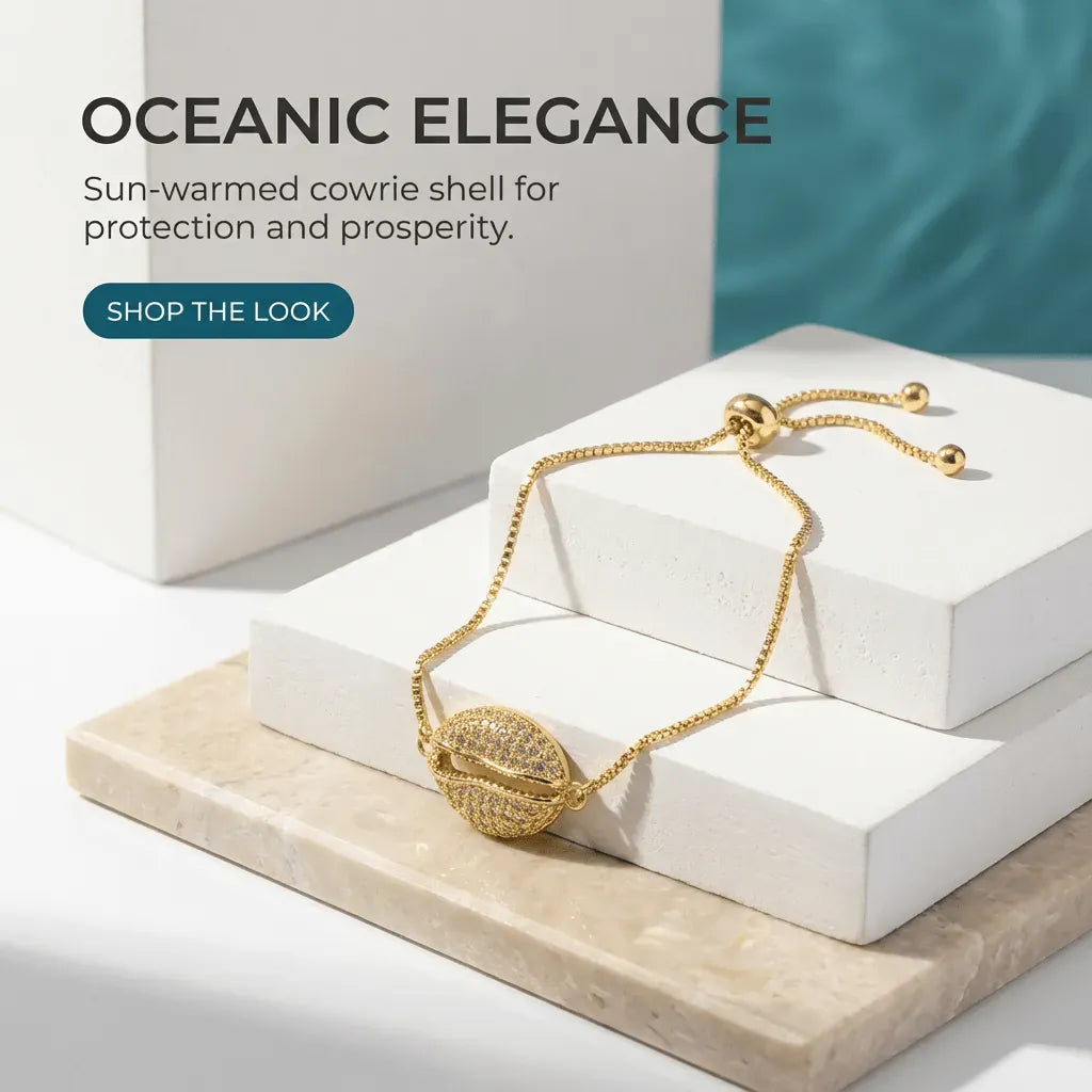 Gold bracelet on a white box with 'Oceanic Elegance' text and ocean background