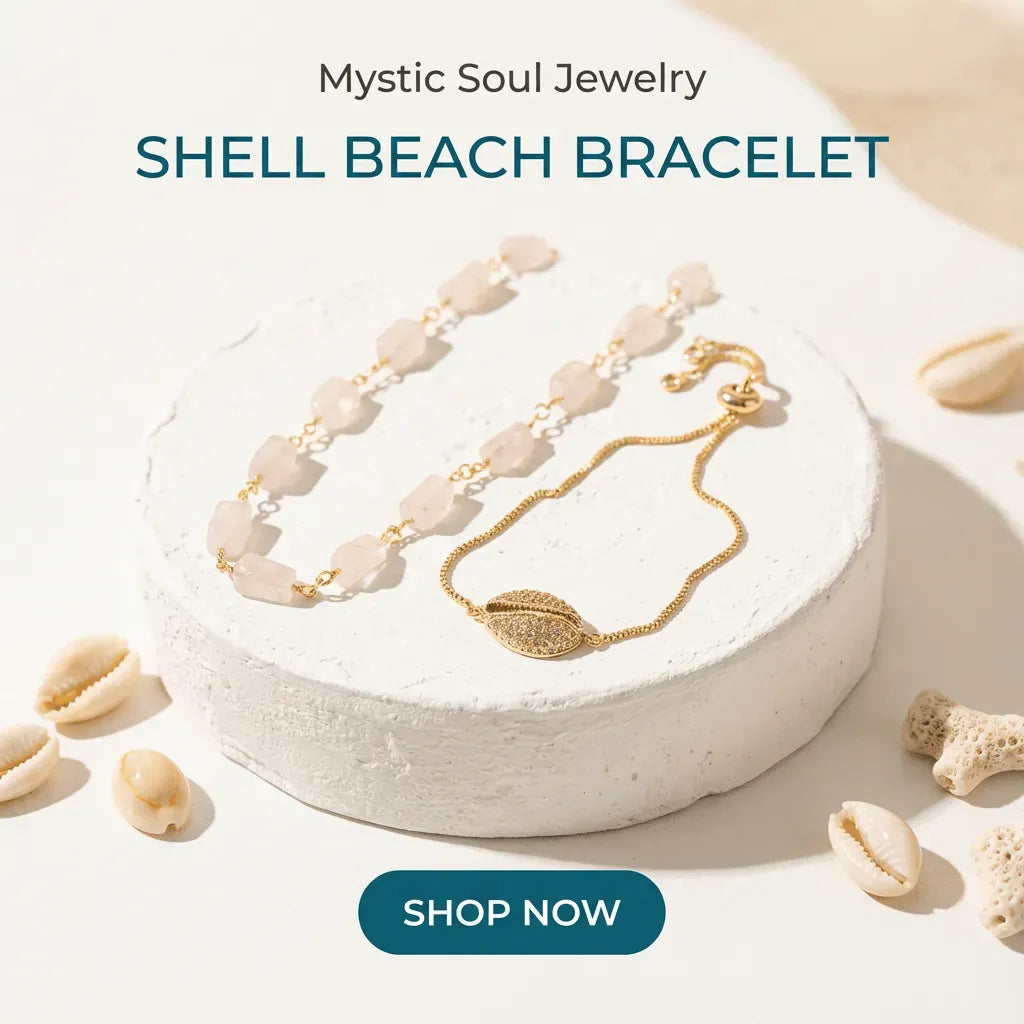 Shell beach bracelet on a white stone with 'Mystic Soul Jewelry' text and 'Shop Now' button.