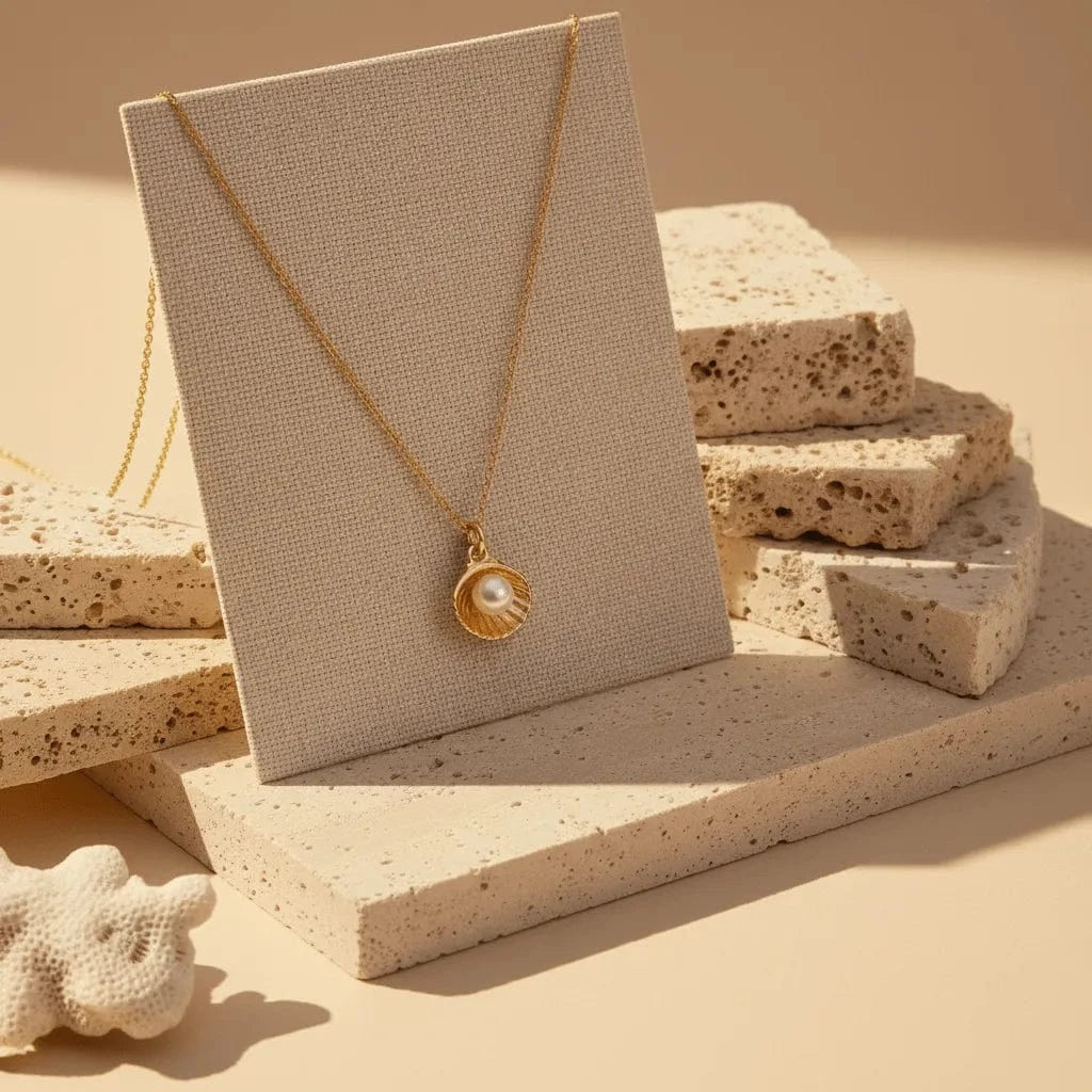 Gold necklace with a pendant on a beige stand against a beige background
