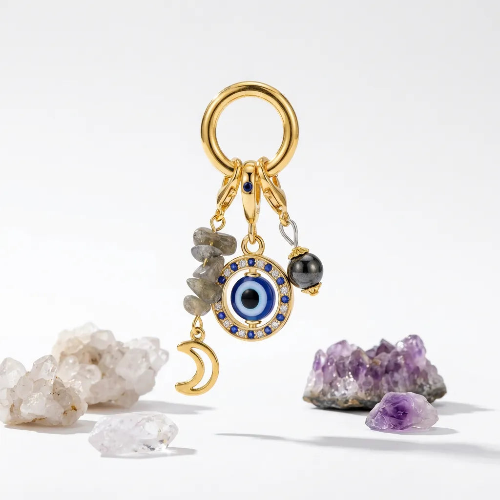 Gold keychain with evil eye, moon, and crystal charms on a white background