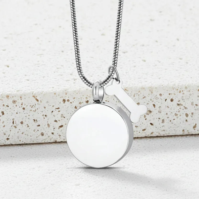 Silver necklace with a round pendant and bone-shaped charm on a white background