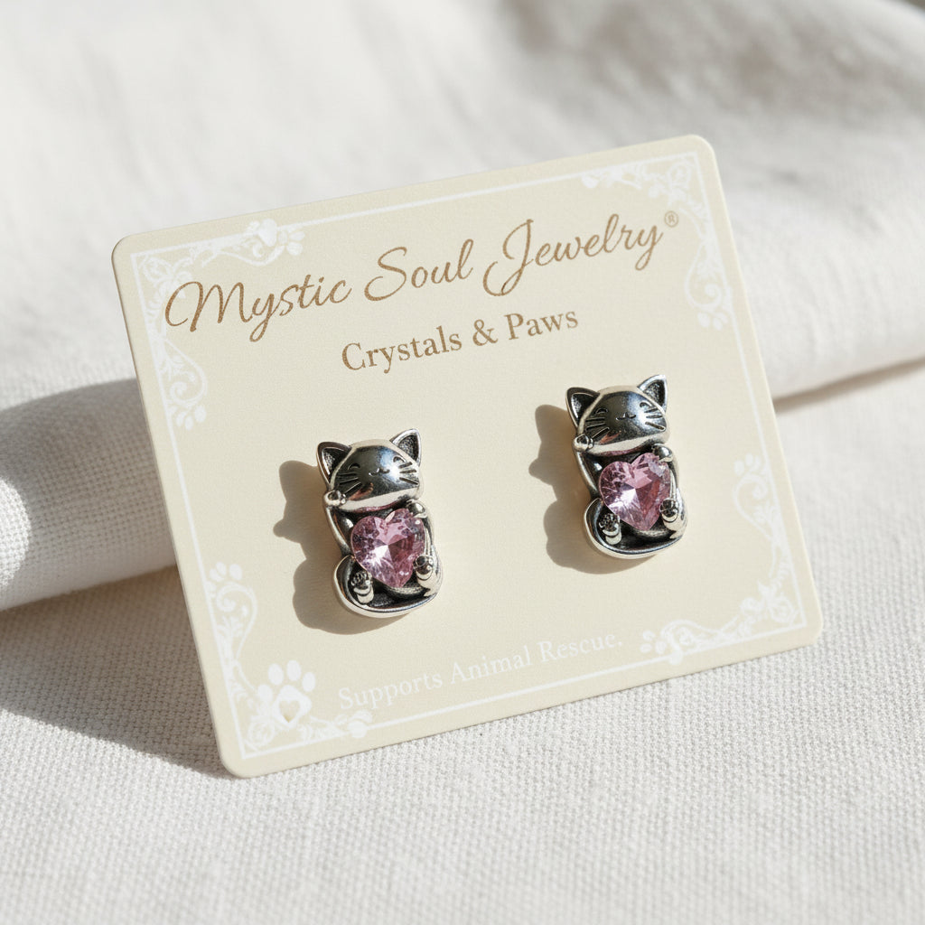 Silver cat-shaped earrings with pink heart stones on a white background