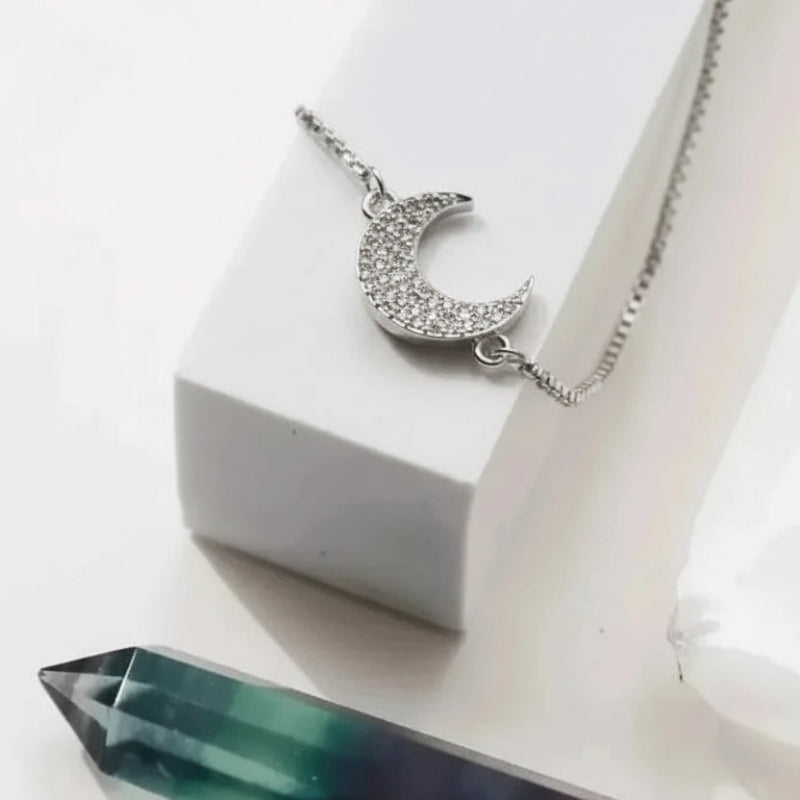 Silver crescent moon adjustable charm bracelet — celestial jewelry for intuition and guidance