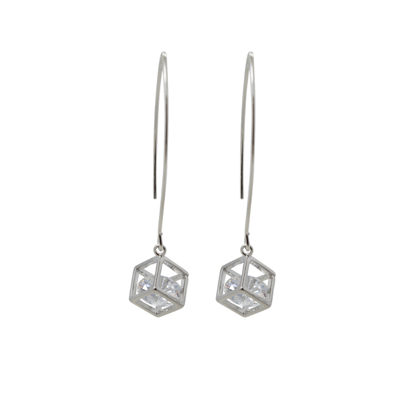 Silver geometric earrings on a white background