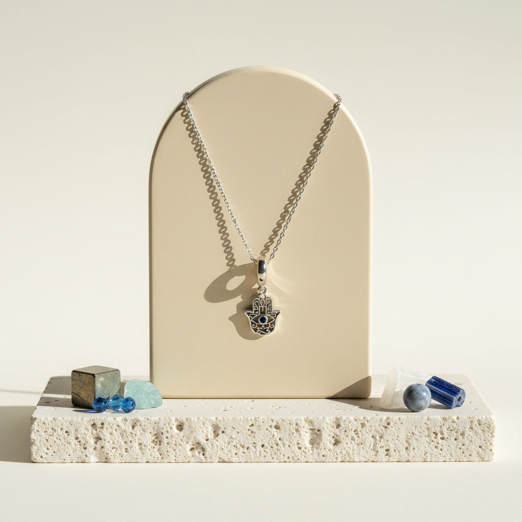 Open-work cut-out sterling silver hamsa hand pendant on a sterling silver chain