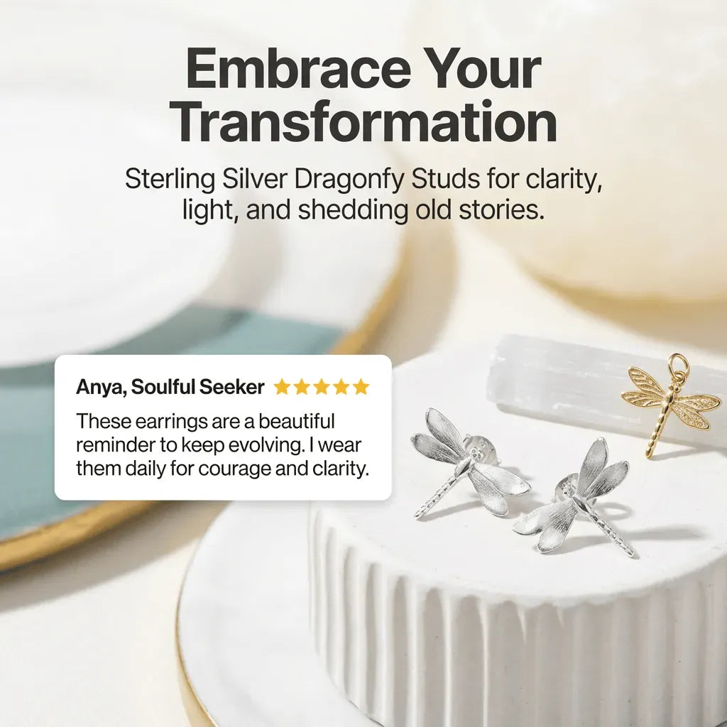 Dragonfly-shaped earrings on a white surface with text about transformation and clarity.