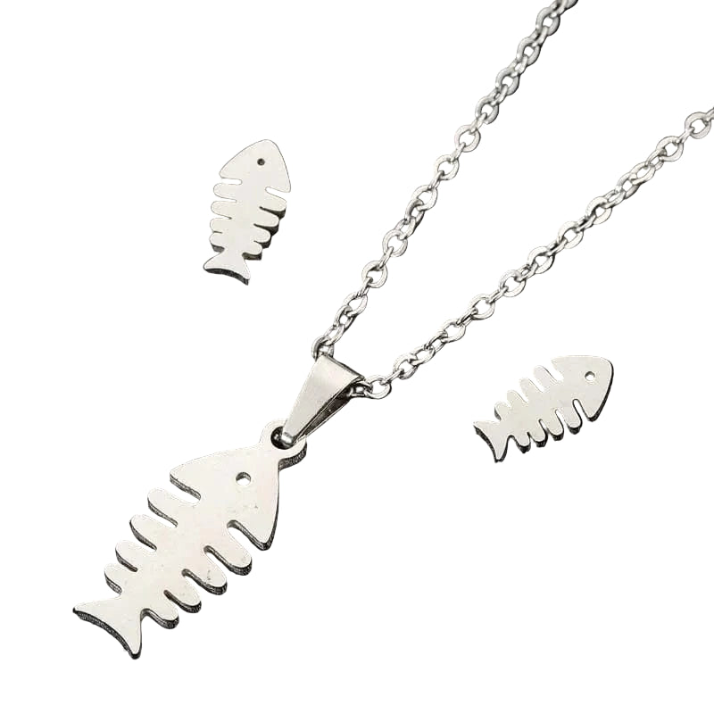 Silver fishbone necklace on a black background
