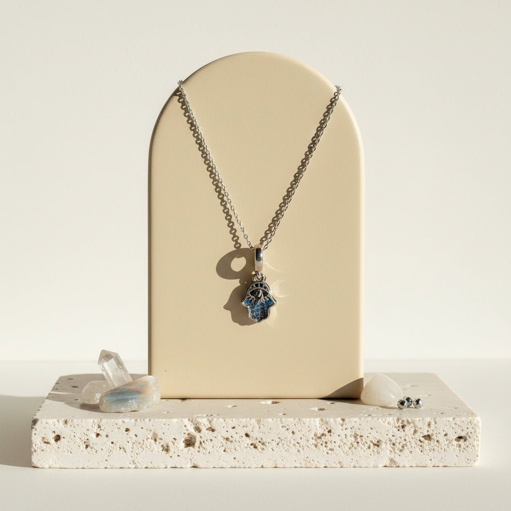 Double layered sterling silver hamsa hand pendant with a floating cut-out overlay hand