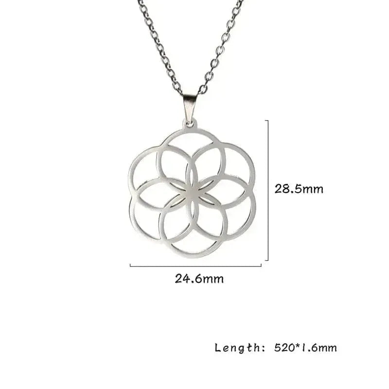 Silver necklace with a circular pendant on a white background, showing measurements.