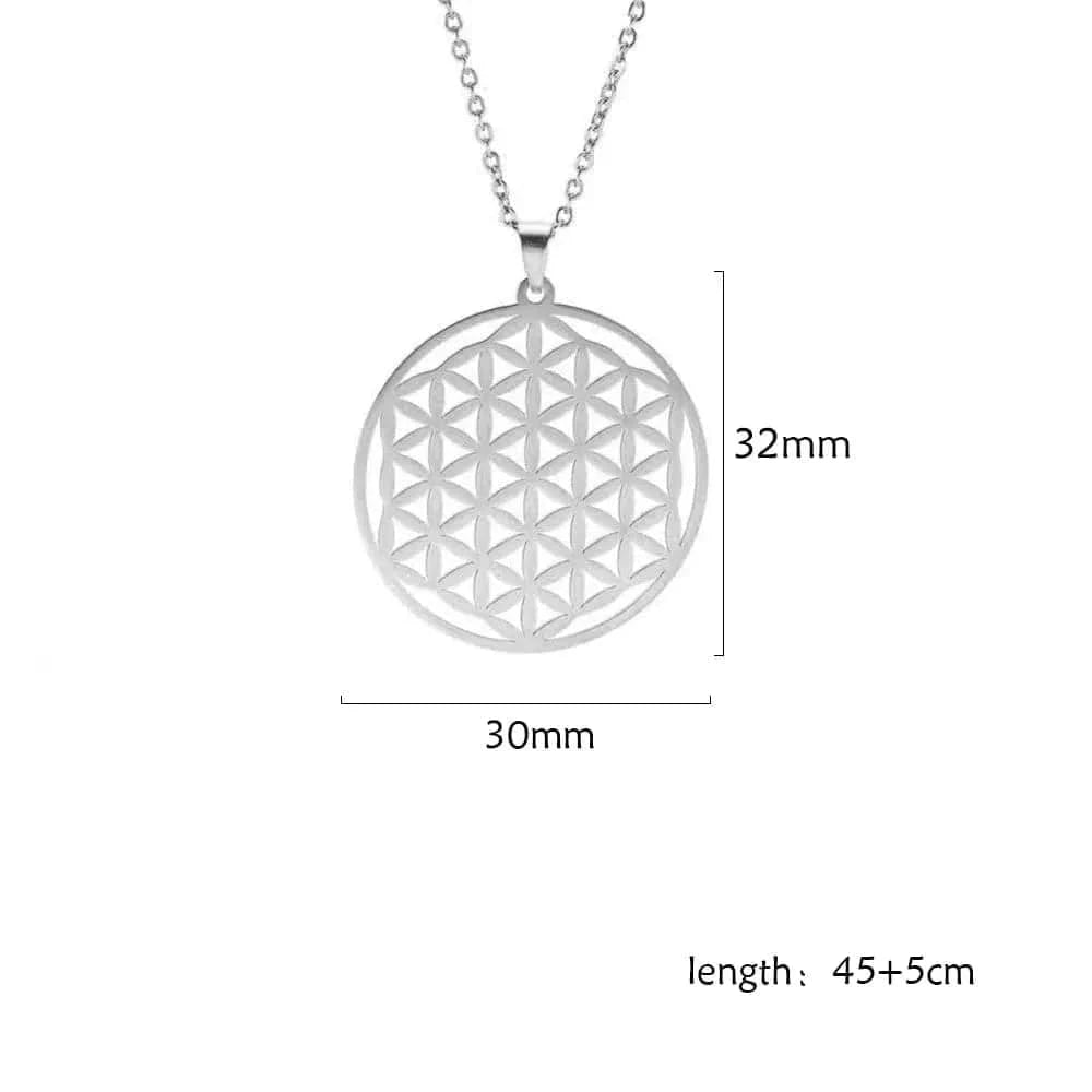 Silver necklace with a geometric pendant, shown with measurements on a white background
