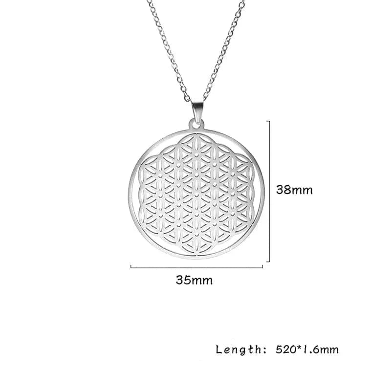 Silver necklace with a circular pendant on a white background, showing measurements.
