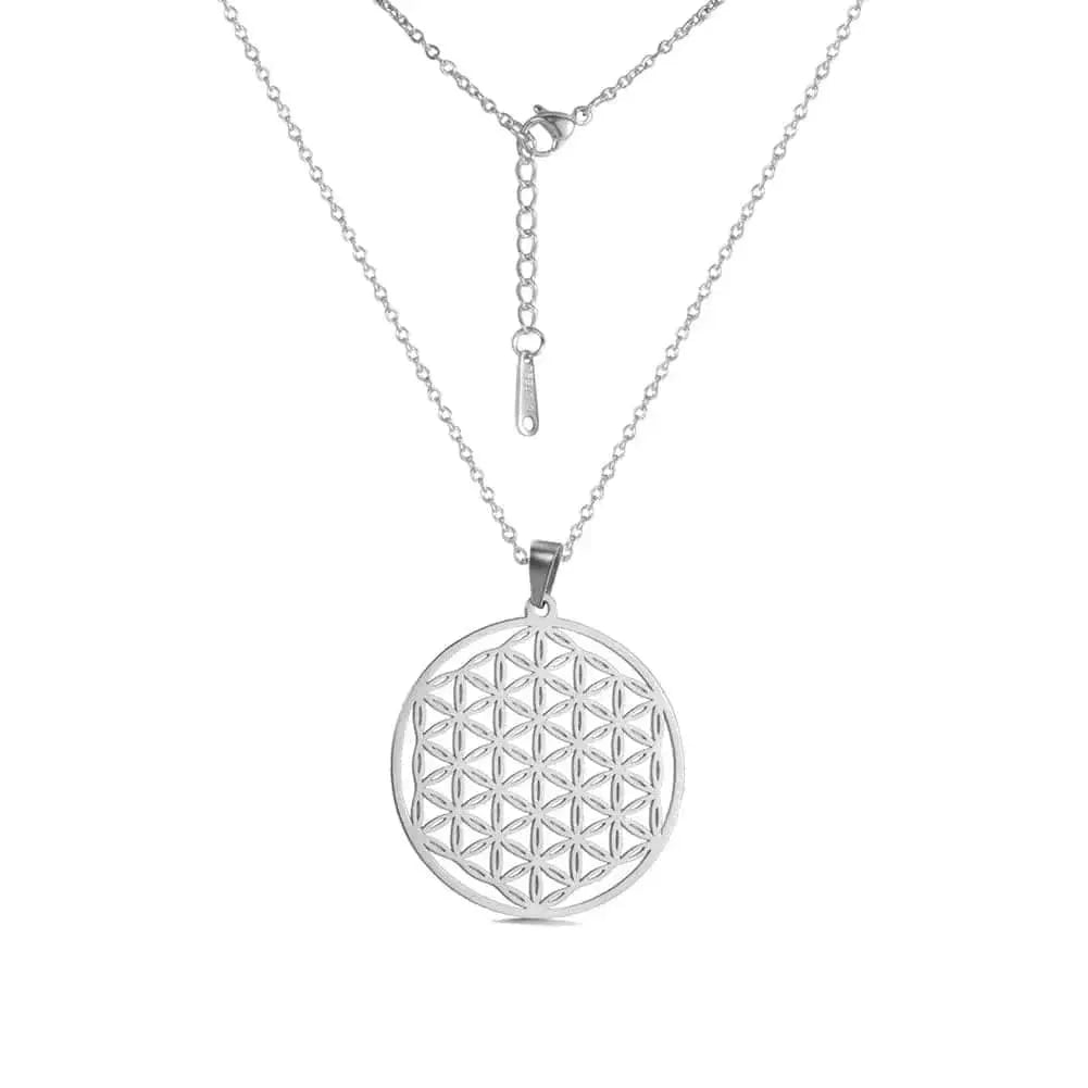 Silver necklace with a geometric pendant on a white background