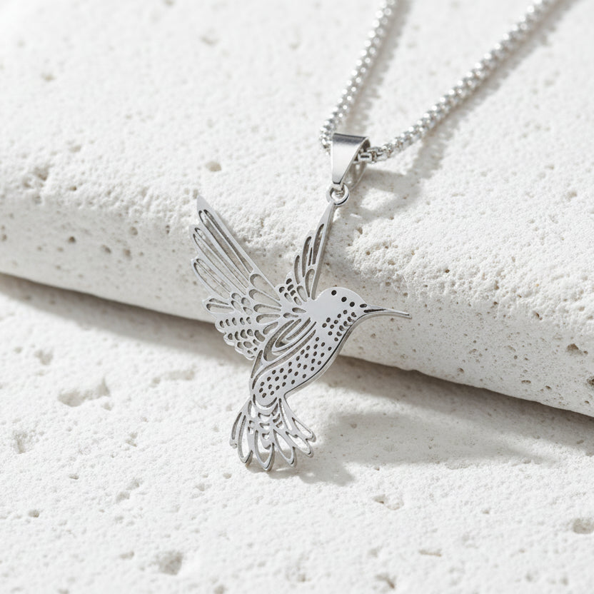 Silver hummingbird pendant necklace — spirit animal jewelry for joy and lightness