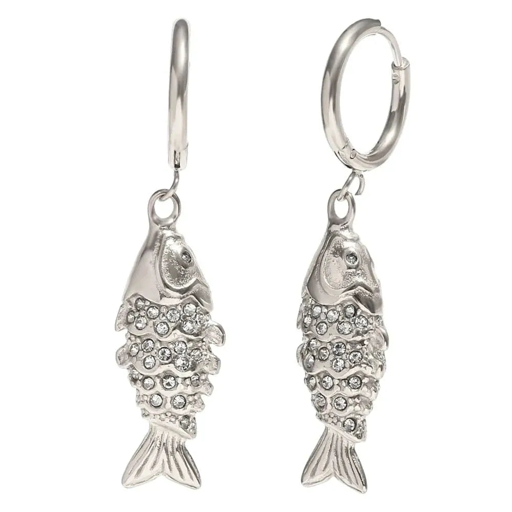 Silver fish-shaped earrings on a white background