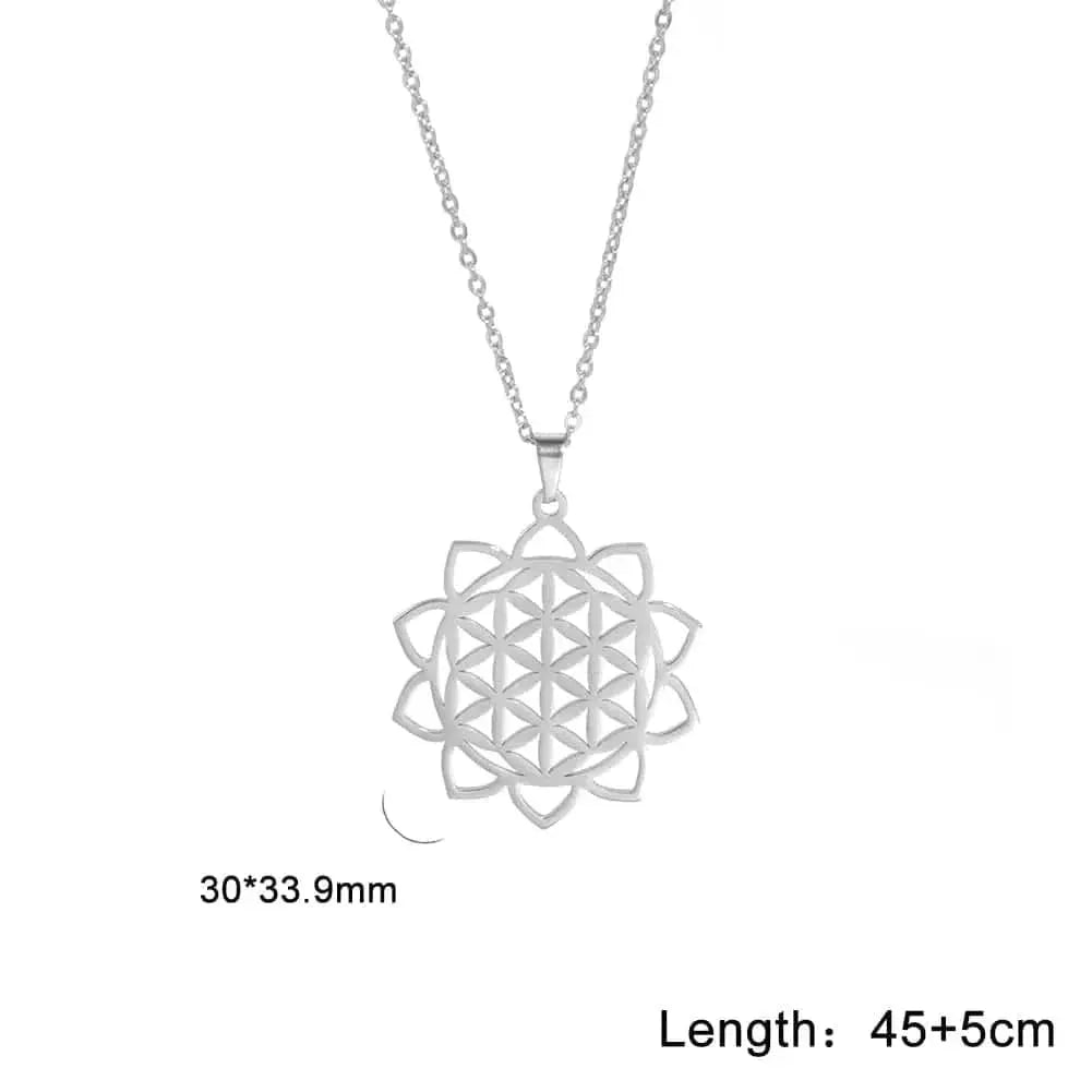 Silver necklace with a geometric pendant on a white background