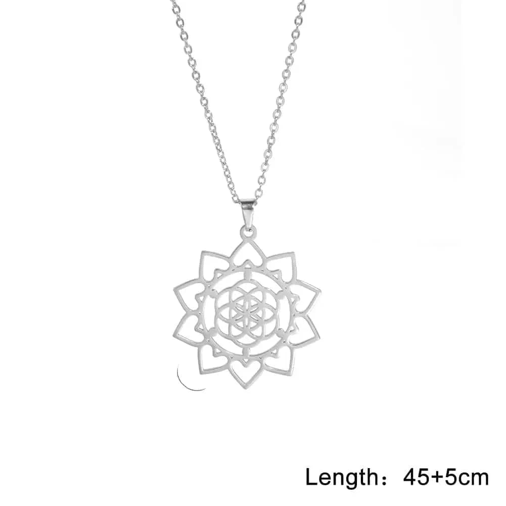 Silver lotus flower pendant necklace with measurements on a white background