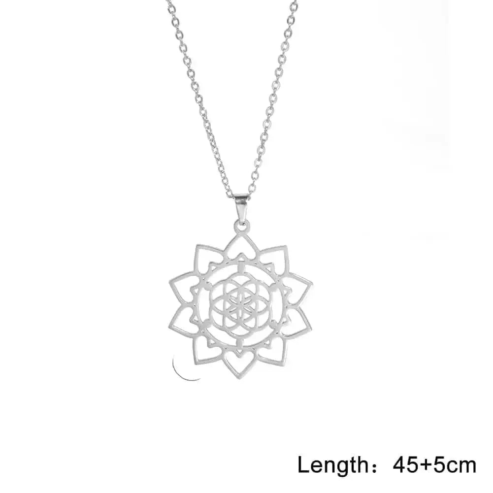 Silver lotus flower pendant necklace with measurements on a white background