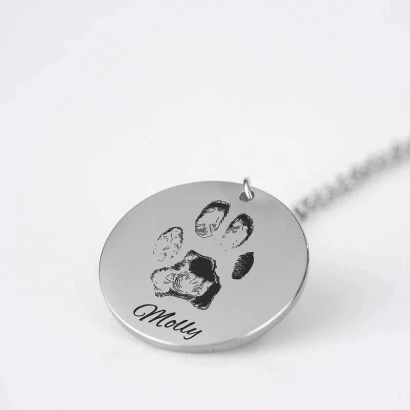 Silver pendant with paw print and name 'Molly' on a white background