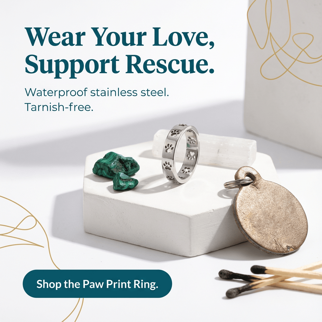 Silver paw print ring with green stones and a gold tag on a white surface, with text promoting support for rescue.