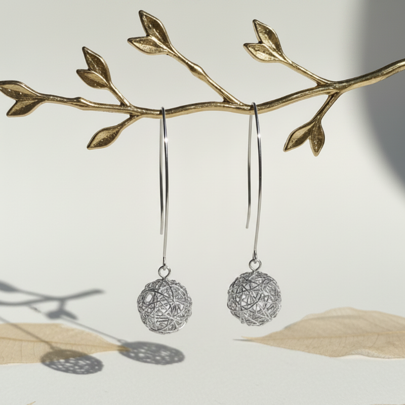 Silver plated circle Global Connection long drop earrings hanging on a display stand