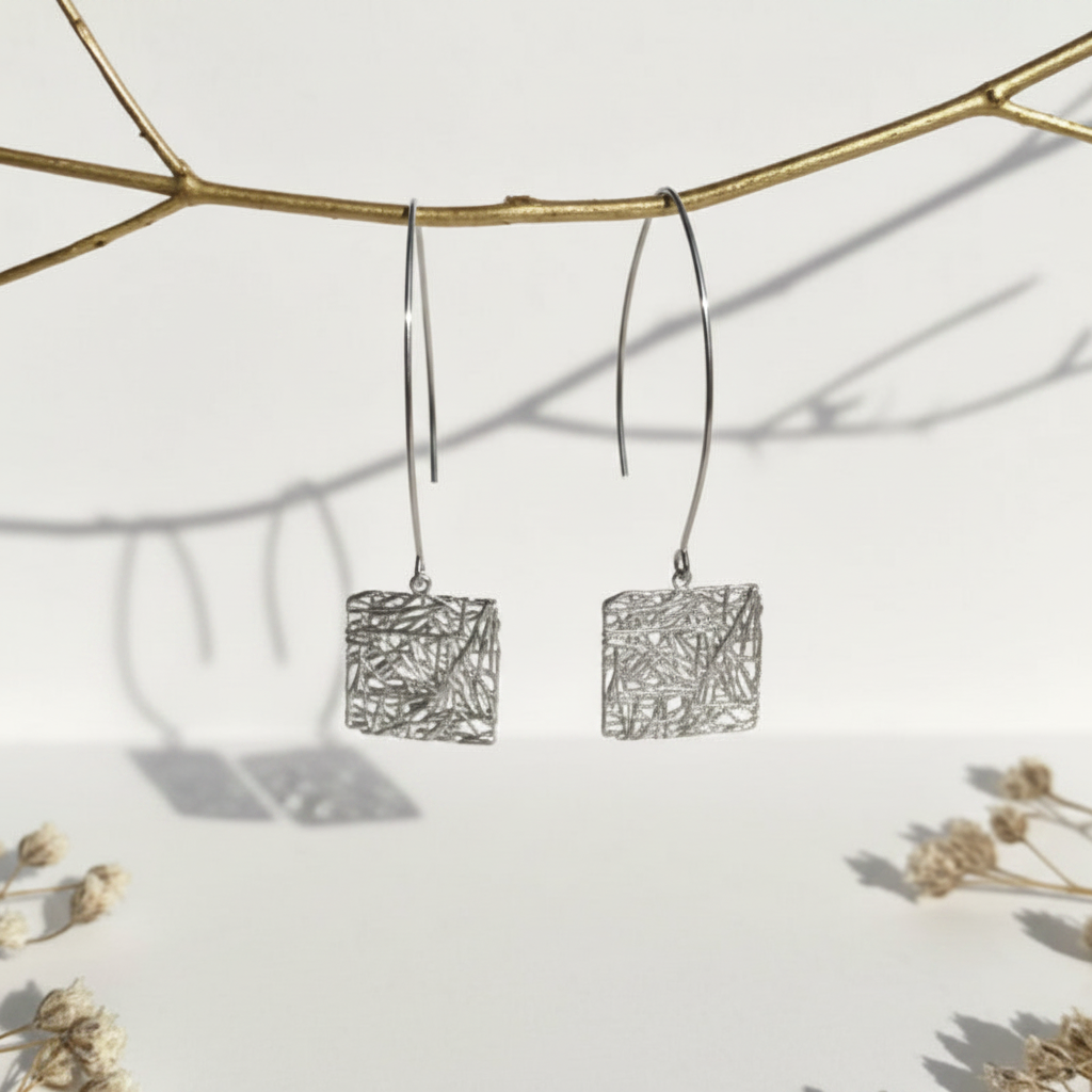 Silver plated square Global Connection long drop earrings, sacred geometry jewelry