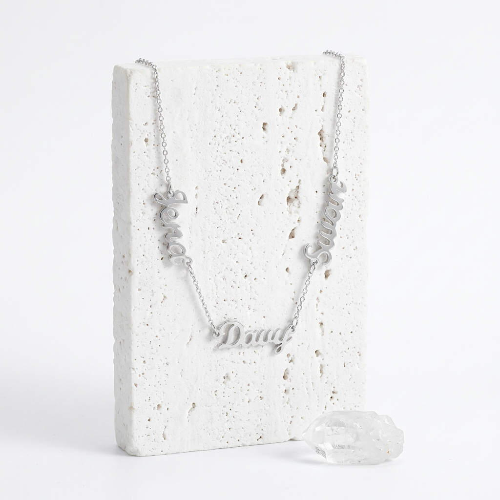 Silver custom name necklace with three script names on one chain