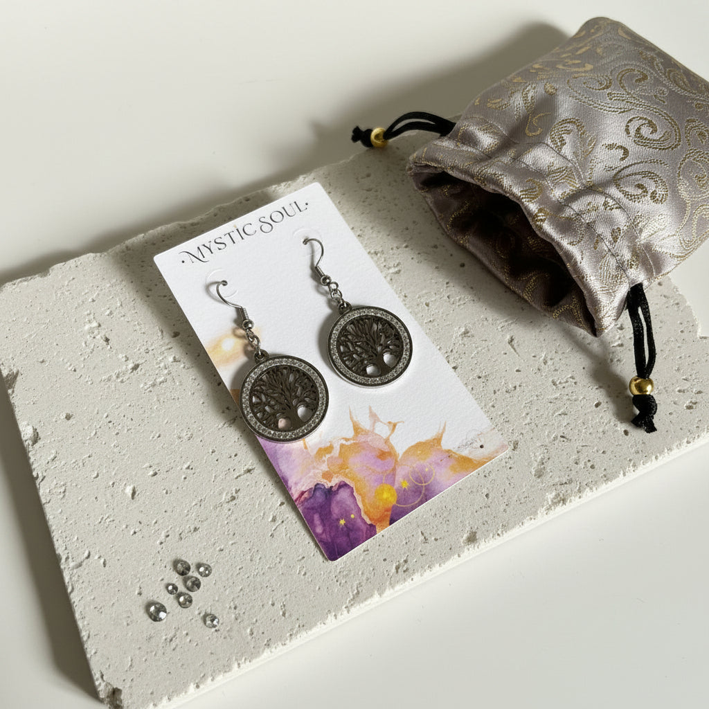 Tree of life crystal halo drop earrings shown with a satin gift pouch — spiritual symbol jewelry for growth