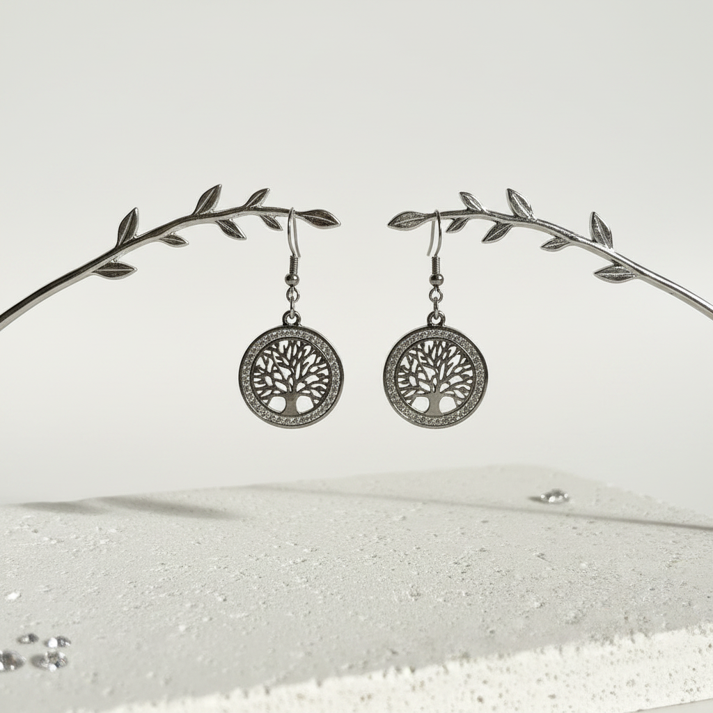 Tree of life crystal medallion drop earrings detail — cut-out tree ringed with crystals