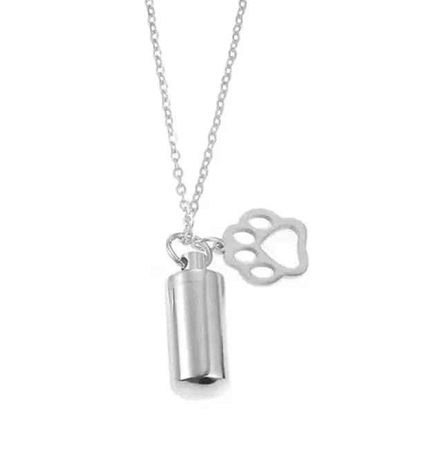 Silver necklace with a cylindrical pendant and paw print charm on a white background