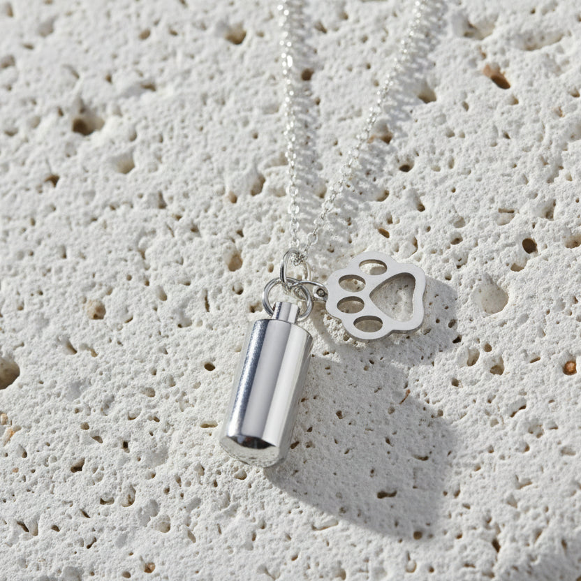 Silver necklace with a cylindrical pendant and paw print charm on a white background