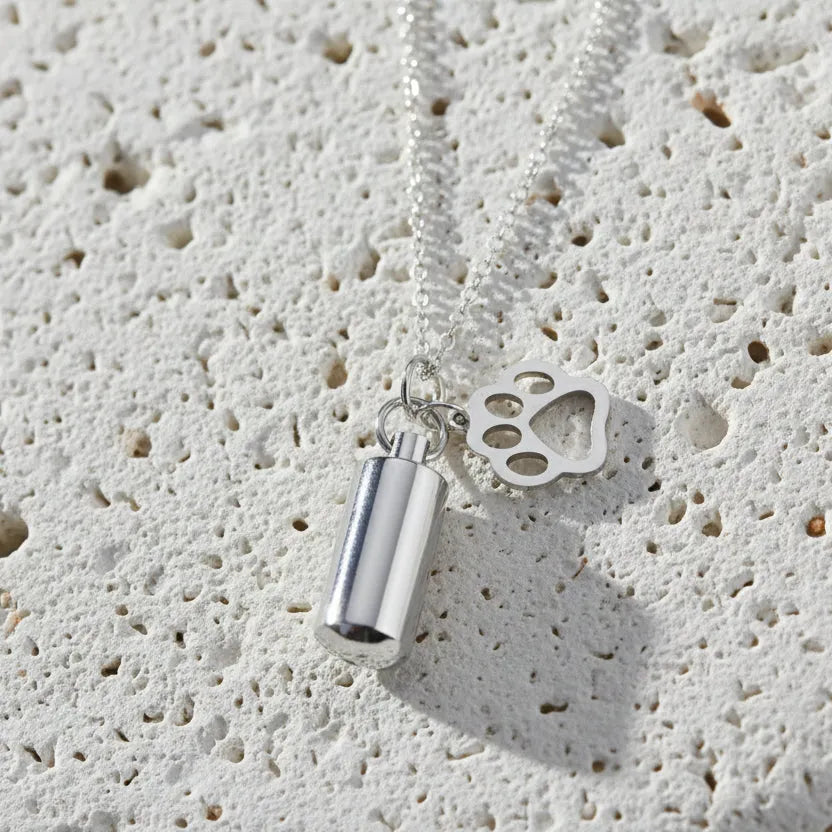 Silver necklace with a cylindrical pendant and paw print charm on a white background