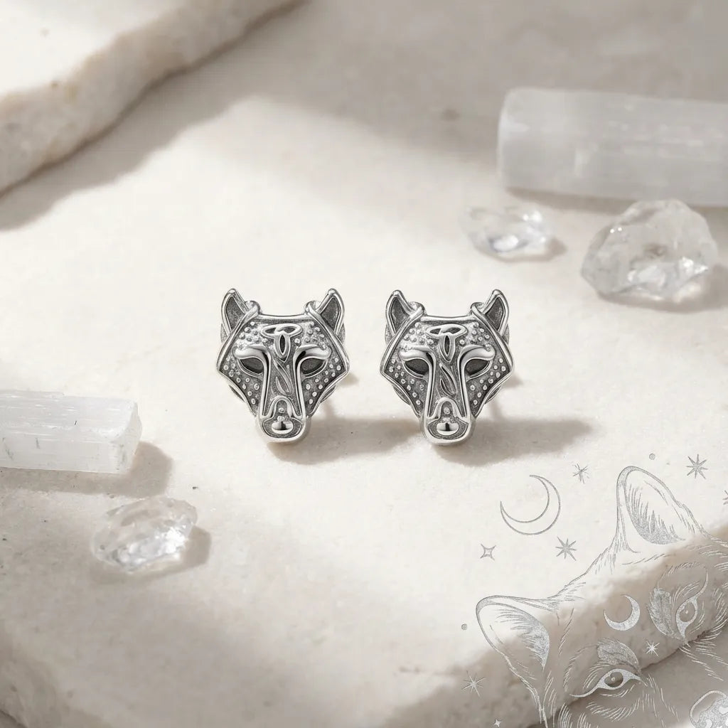 Silver wolf head earrings on a light background with crystals and a wolf illustration.