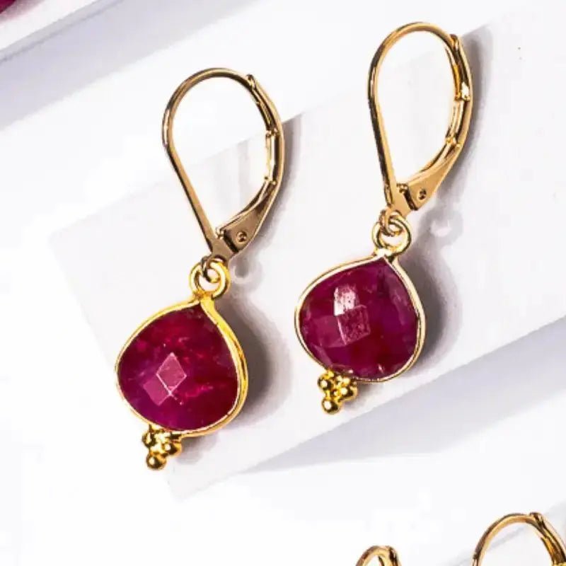 Small Ruby Drop Earrings | Gold-Plated with Delicate Detail and Leverback Design Mystic Soul Jewelry