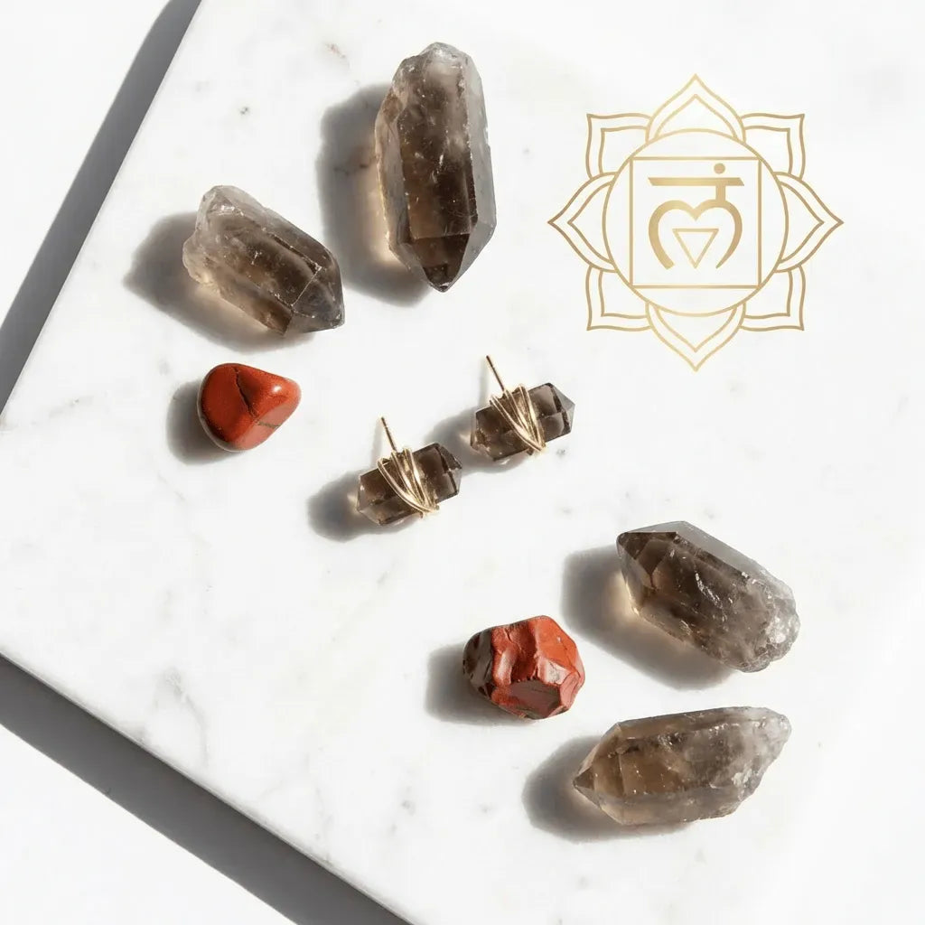 Collection of crystals on a marble surface with a chakra symbol in the corner.