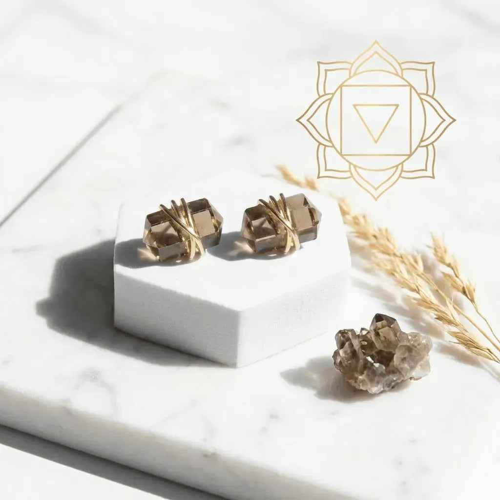 Gold smoky quartz root chakra stud earrings — root chakra jewelry for grounding