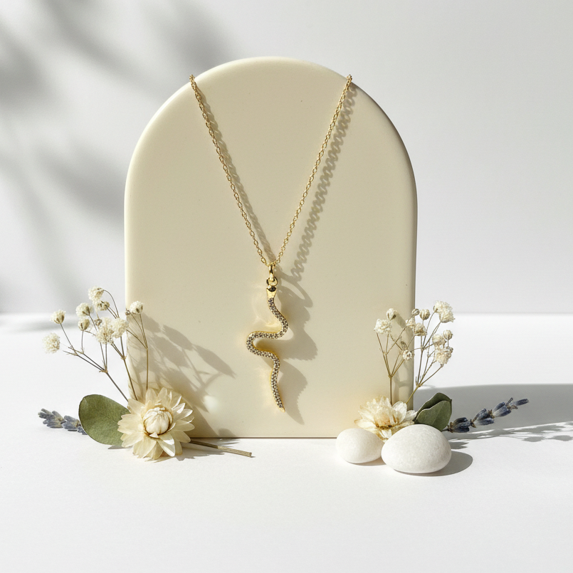Gold snake pendant necklace hanging — spirit animal jewelry for transformation and rebirth
