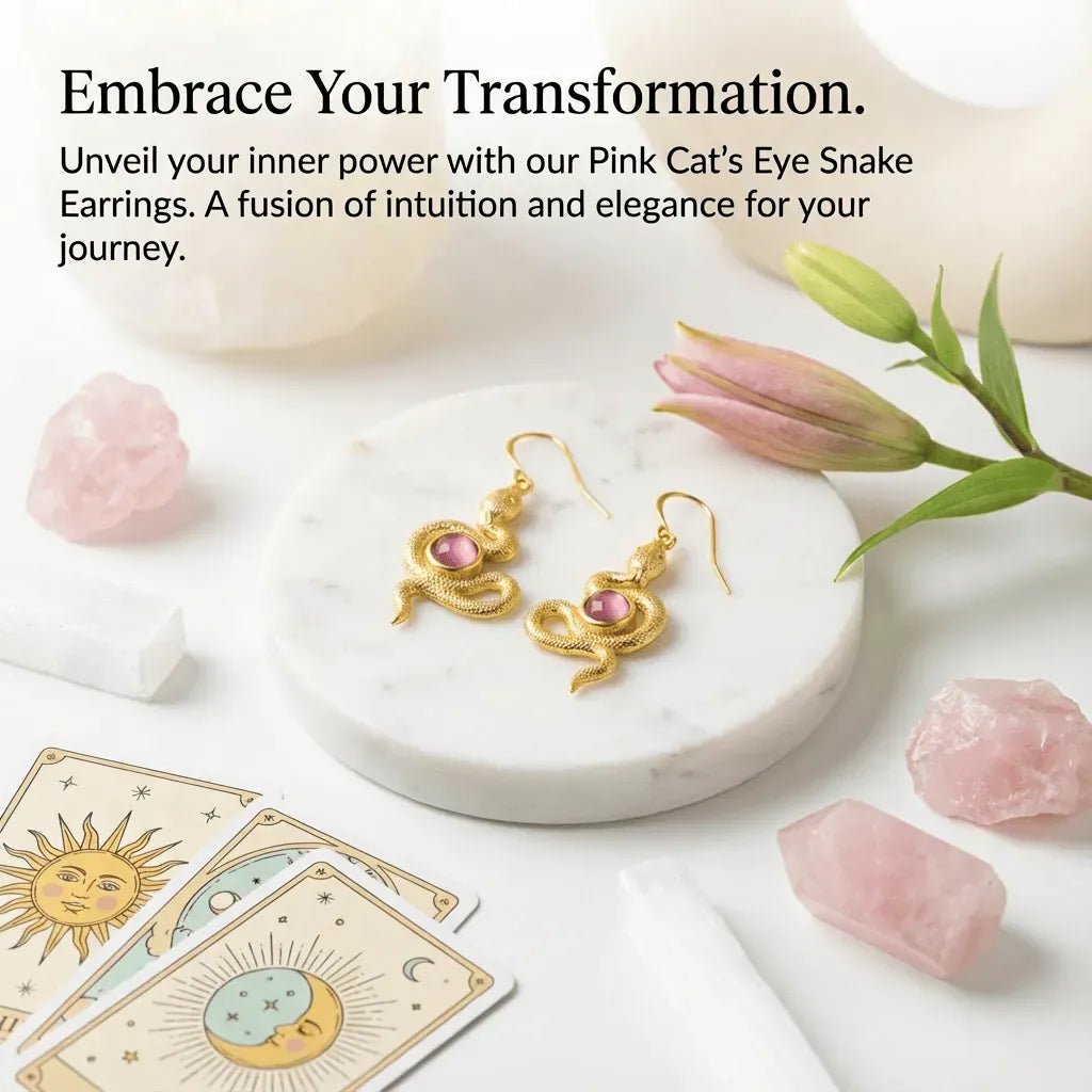 Pink Cat's Eye Snake earrings on a marble surface with crystals and tarot cards.