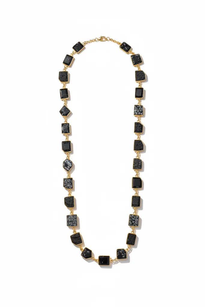 Snowflake obsidian gemstone pendant necklace on a silver chain