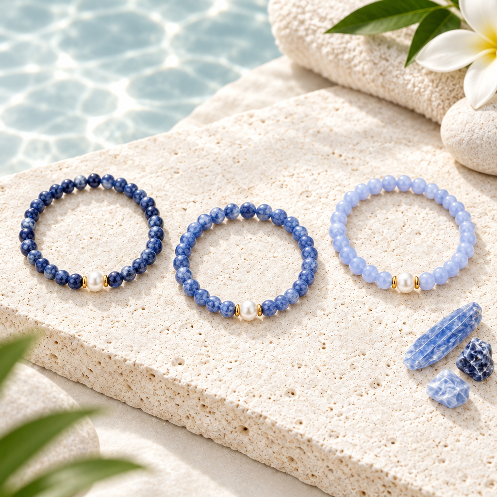 Blue lace agate, light sodalite and dark sodalite bracelets with freshwater pearls laid flat