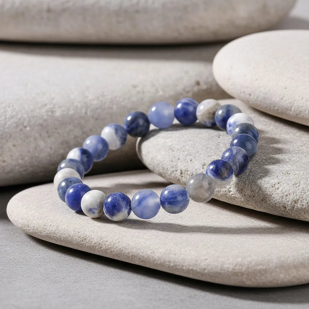 Beaded bracelet with blue and white stones on a white background