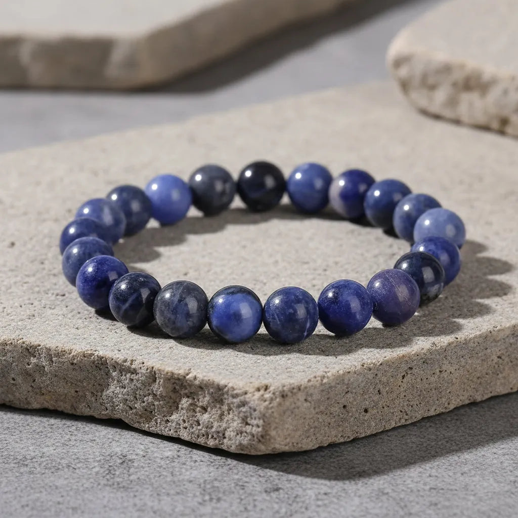Blue beaded bracelet on a stone surface