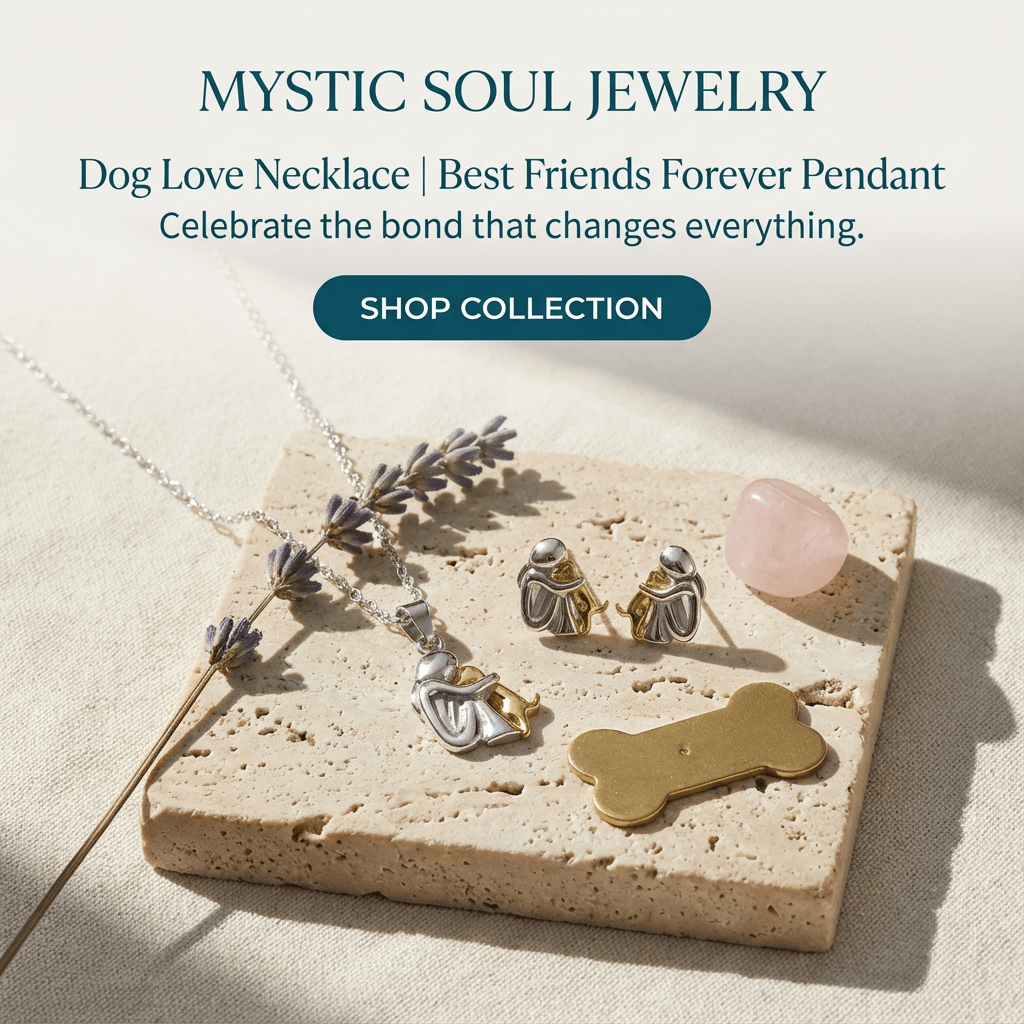 Jewelry set including necklaces, earrings, and pendants on a stone surface with text promoting 'Mystic Soul Jewelry'.