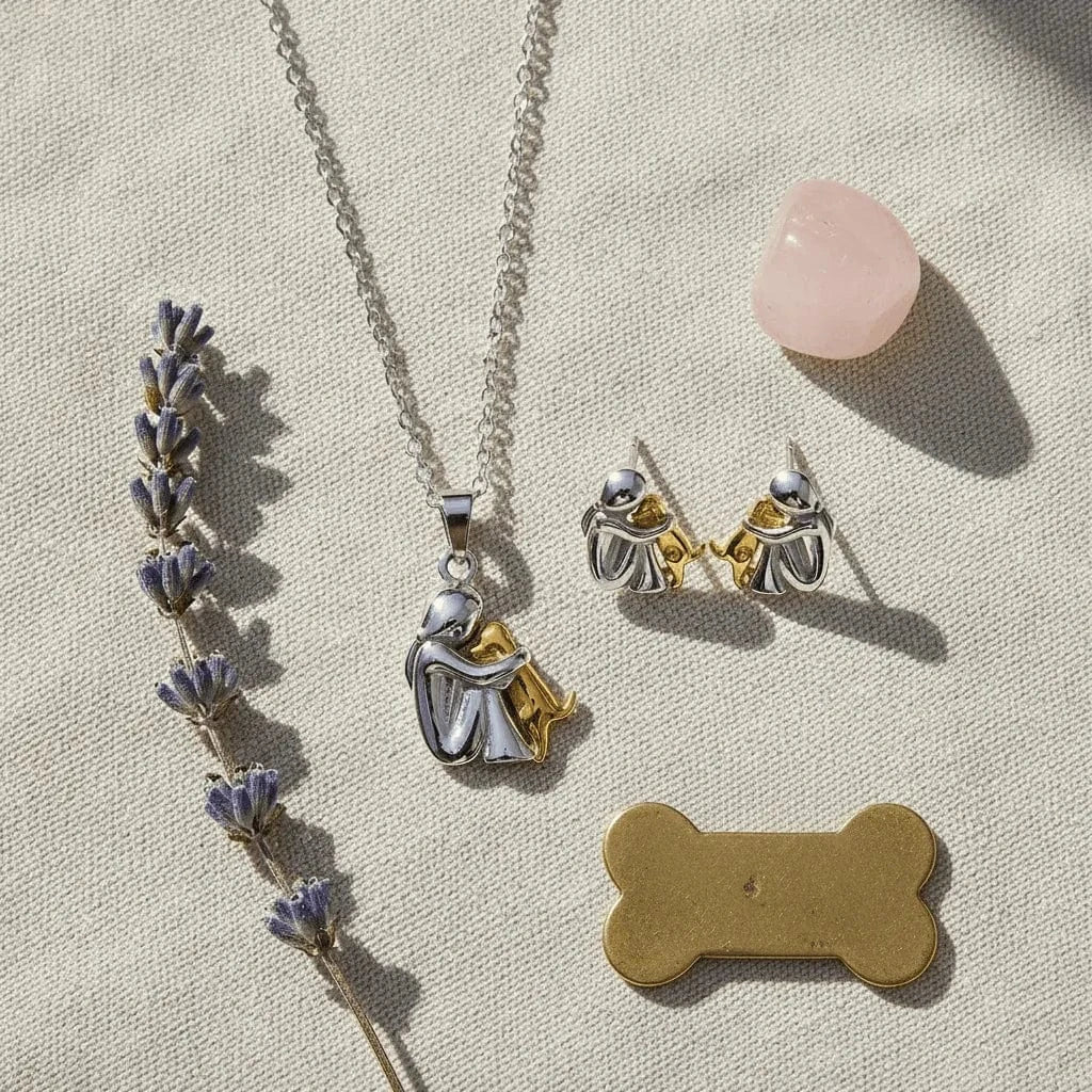 Jewelry set with necklace, earrings, and dog tag on a textured surface with lavender and pink stone.