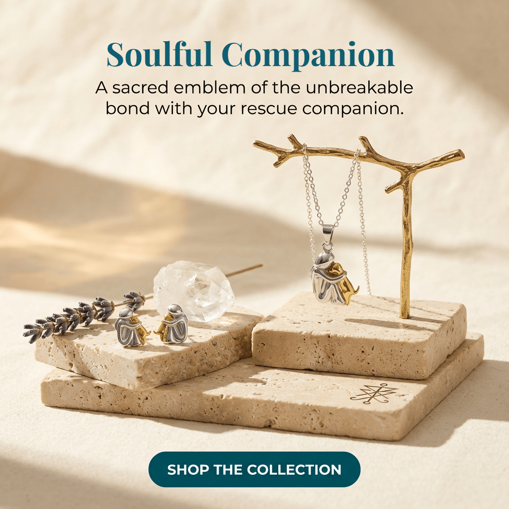 Jewelry set with a branch display on a beige background, featuring text about a 'Soulful Companion' product.