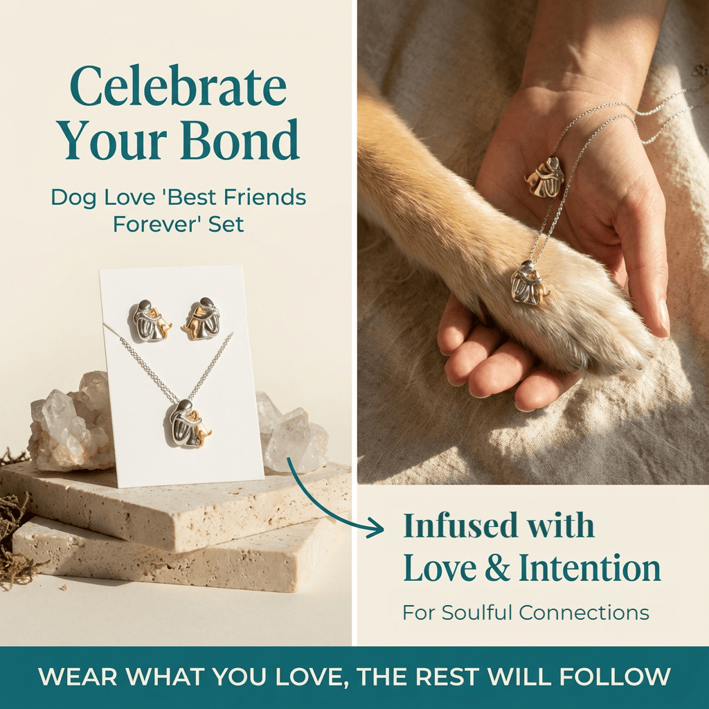 Jewelry set for dog lovers with a hand holding a dog's paw, text 'Celebrate Your Bond' and 'Dog Love Best Friends Forever Set'.